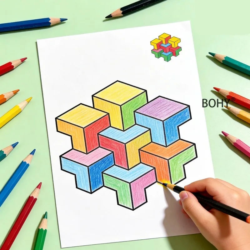 1 Loose Leaf Sketchbook of Geometric Three-dimensional Copying and Coloring 16 Pages Illustration Perspective Technique Practice