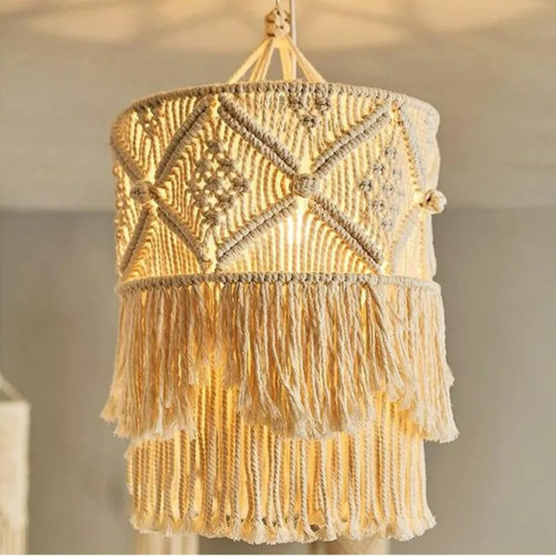 Macrame Lamp Shade, Boho Cotton Rope Light Cover with Tassels, Handwoven Hanging Pendant Light Shade for Bedroom, Home Decor