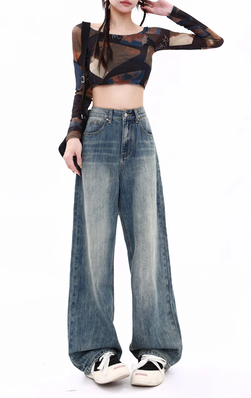 

Retro Blue High Waist Straight Wide Leg Jeans Women's New Loose Mopping Pants Trousers Ins High Street Fashion