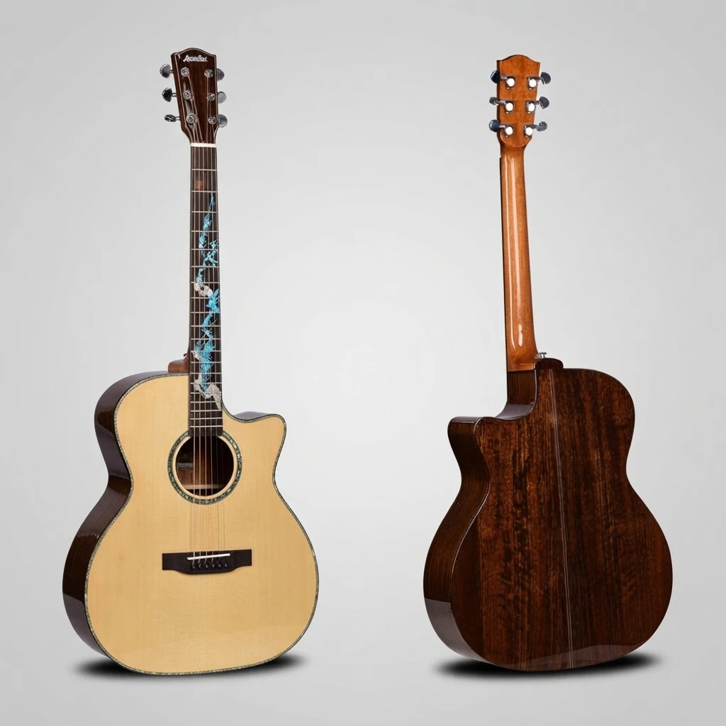 GA Cutaway Acoustic Guitar Natural Gloss Top Dark Brown Back Blue Vine Inlay Shell Binding 6 Strings for Beginners, Practice
