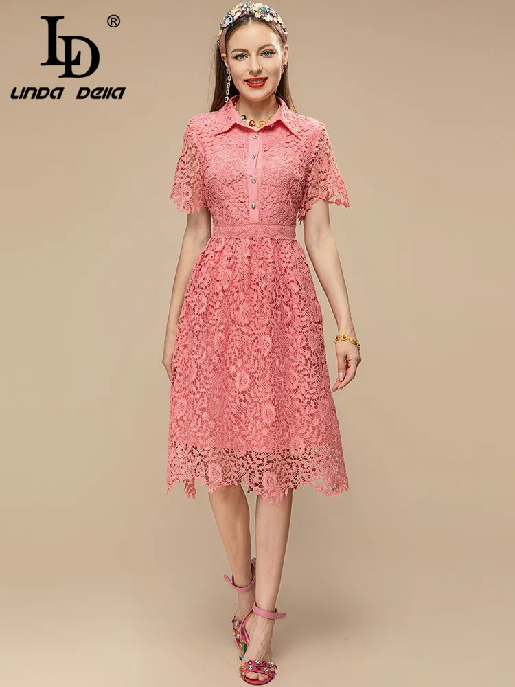 

LD LINDA DELLA Fashion Designer Summer Dress Women Short sleeve Lace Hook Flower Hollow Pink Vintage Party Long Dresses
