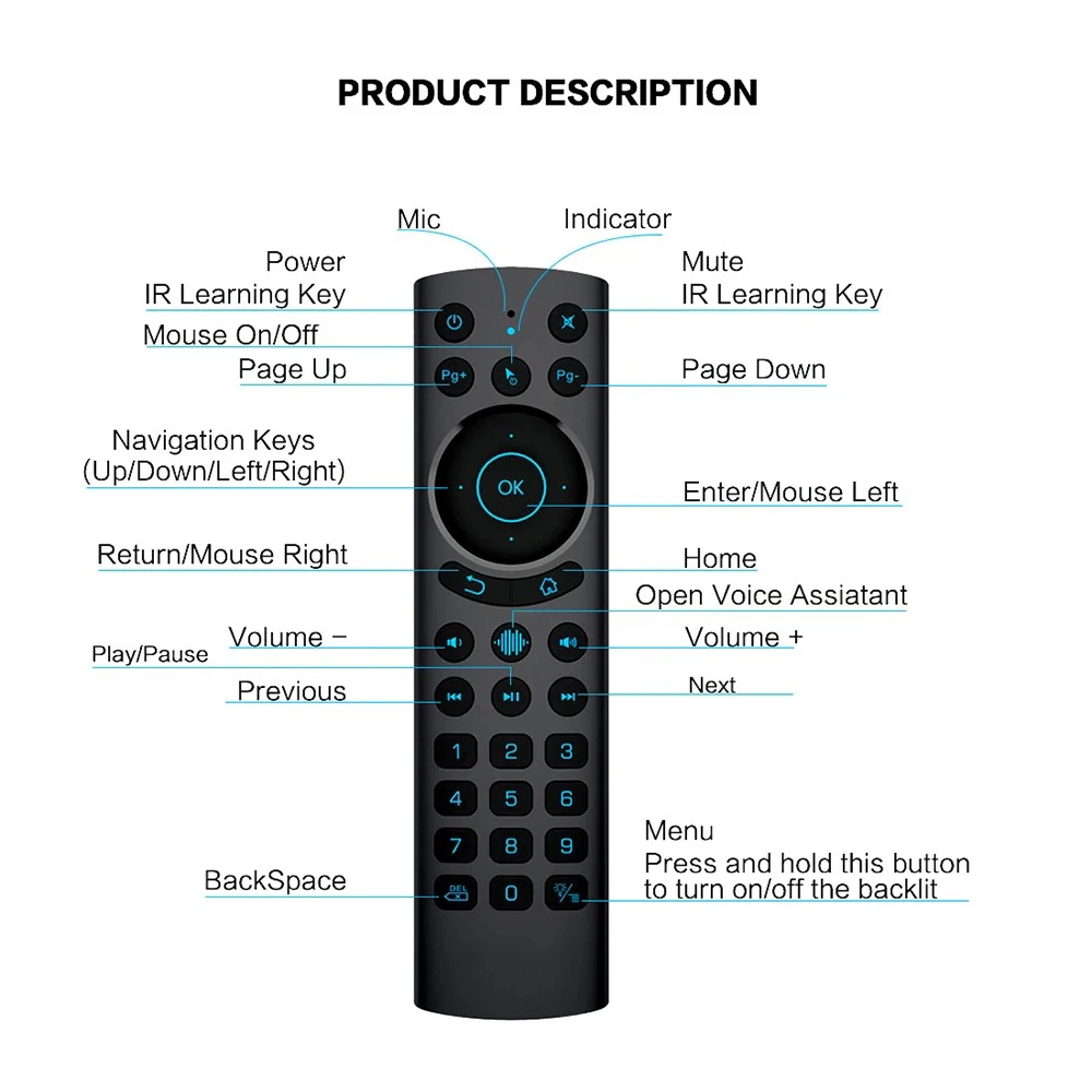 KEBIDUMEI G20S PRO BT Air Mouse Backlit Light 2.4G Wireless Gyroscope Smart Remote Control With Voice IR Learning for Android image 6