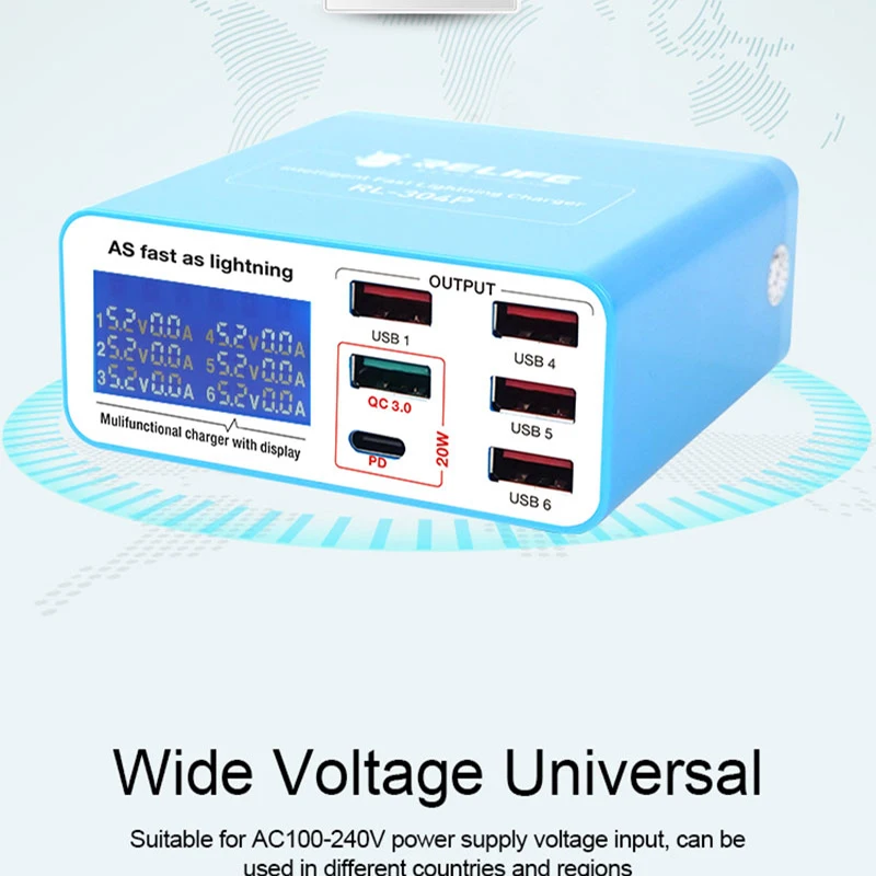 RELIFE RL-304P Intelligent 6-Port Digital Lightning Charger is Suitable for Various Devices and has Strong Compatibility