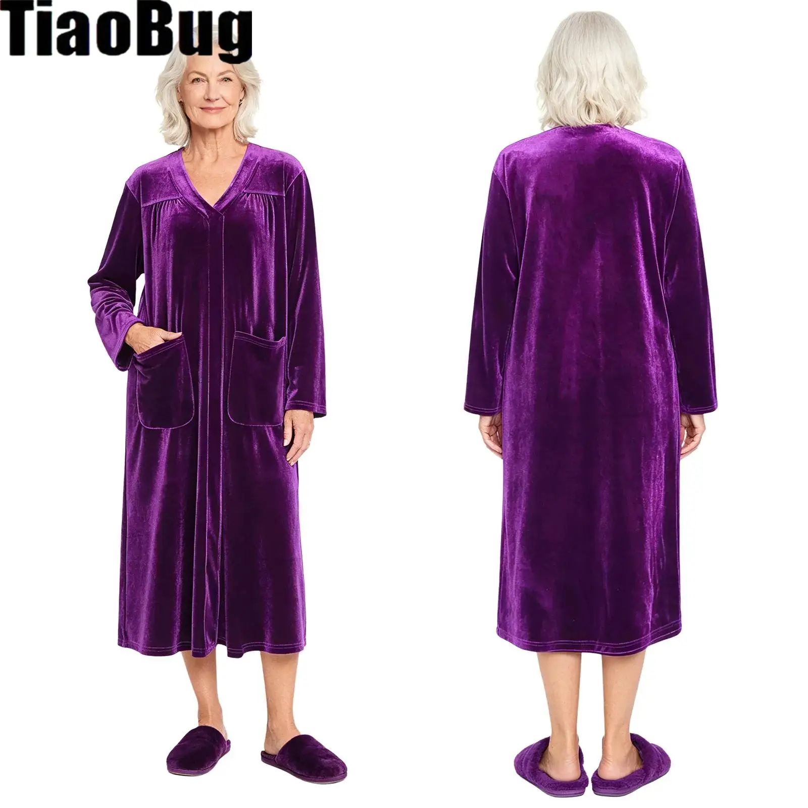 Women V-neck Warm Velvet Nightgown Long Sleeve Press Button Shoulder Open Back Nightdress with Pockets for Elderly Nursing