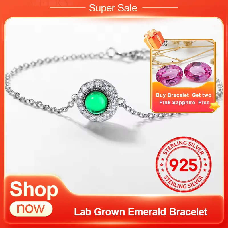 

ChuPing Fashion Jewelry Lab Grown Emerald Bracelet Round Cut Cabochon & Facet S925 Silver For Women Classic Dressedup Gift