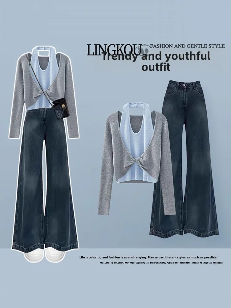 

Korean Style Early Autumn Women's Set Design Sense Fake Two-Piece Hanging Neck Top Match Vintage Jeans Two-Piece Set