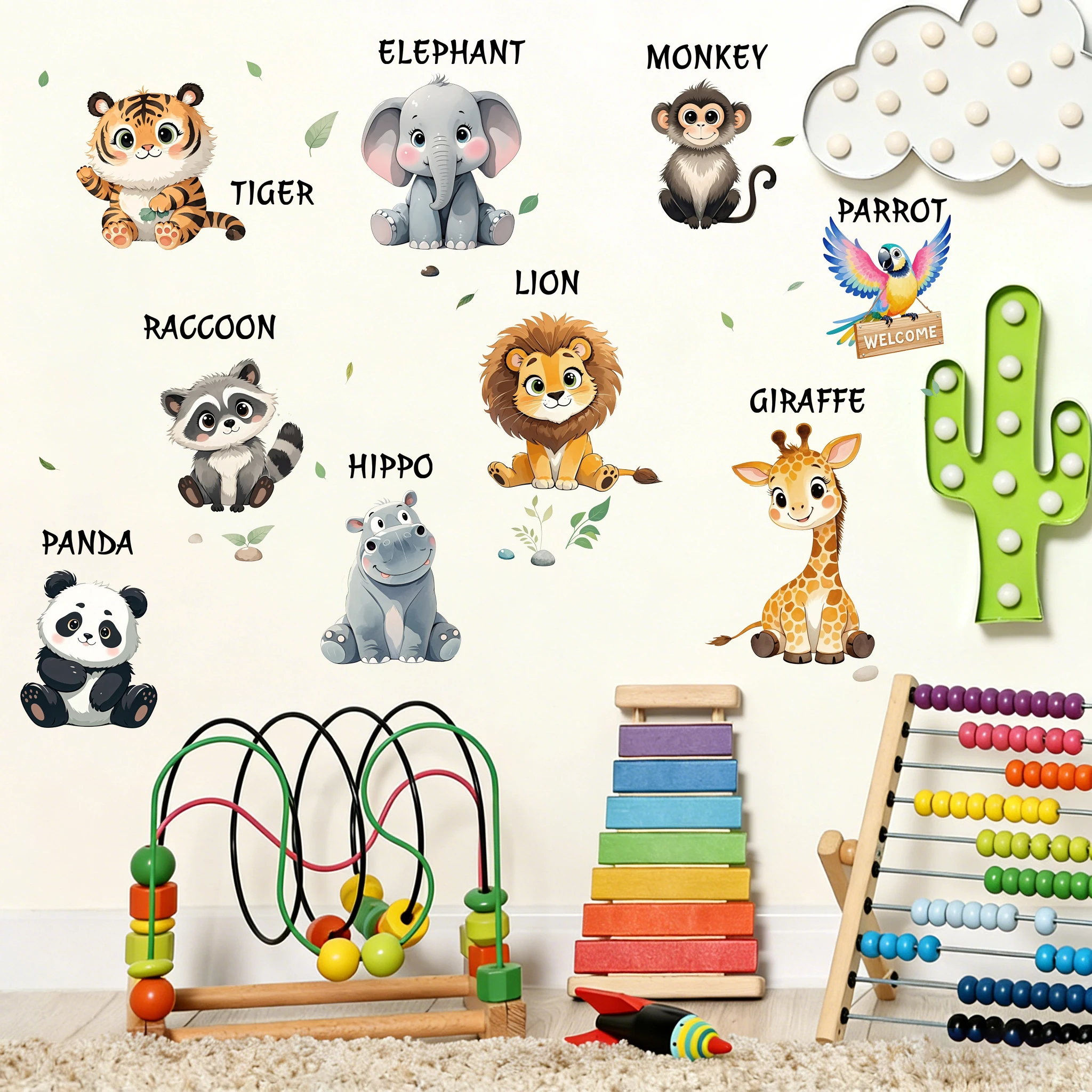 Cute Safari Animal Learning Wall Decals Cartoon Forest Animals with Name Words Green Leaves Peel and Stick Kids Bedroom Wall Sti