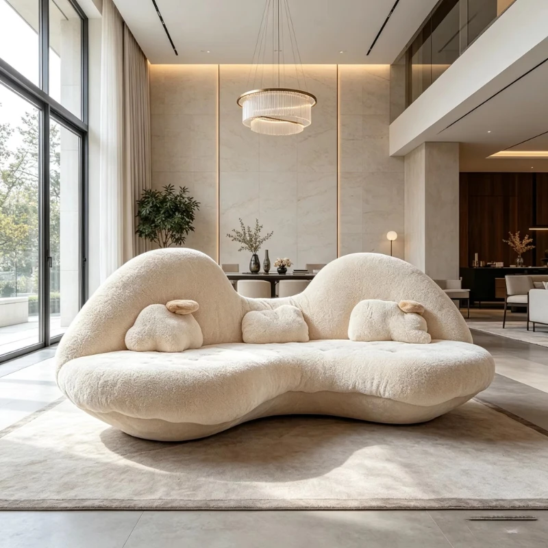 Organic wavy curved wooden frame sofa, cream color, suitable for cashmere fabric cartoon style plush cushion