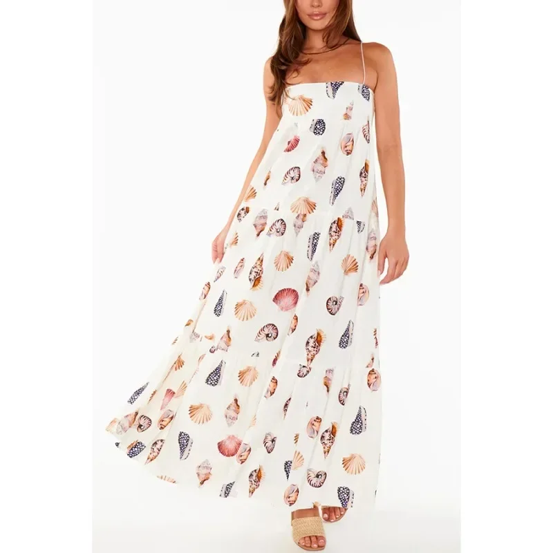 

2025 New Fashionable Strapless Spaghetti Strap Camisole Printed Layered Dress INS Loose Vacation Women's Dress