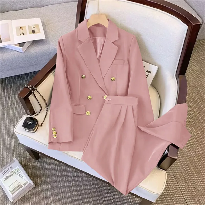 2023 Women Slim Blazer Trousers Pocket Pantsuit Office Lady Wear Casual Chic Suits Jacket Femme High Waist Straight Pants Set