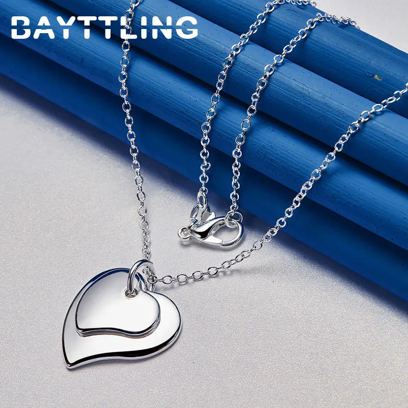 New 925 Sterling Silver 16-30 Inches Charm 2 Hearts Necklace For Women Fashion Wedding Party Favors Girlfriend Jewelry