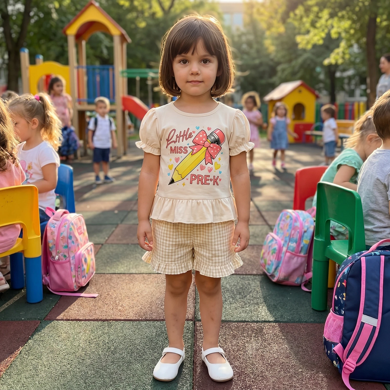 Girls Summer 2-Piece Outfit Little Miss Pre-K Short Puff Sleeve Pencil Print T-Shirt and Plaid Shorts Back to School Clothes