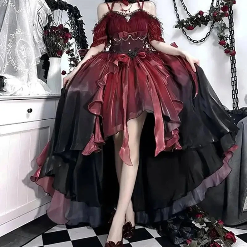 Dark Bride Floral Lolita OP Dress,Trailing Puffy Princess Gown,Gothic Halloween Cosplay Outfit for Party Dress‑up Role‑Play Gift