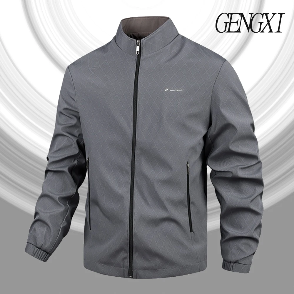 

New Arrival Men's Business Casual Stand Collar Jacket Checkered Letter Print Solid Colour Outerwear Trendy Fashionable Menswear