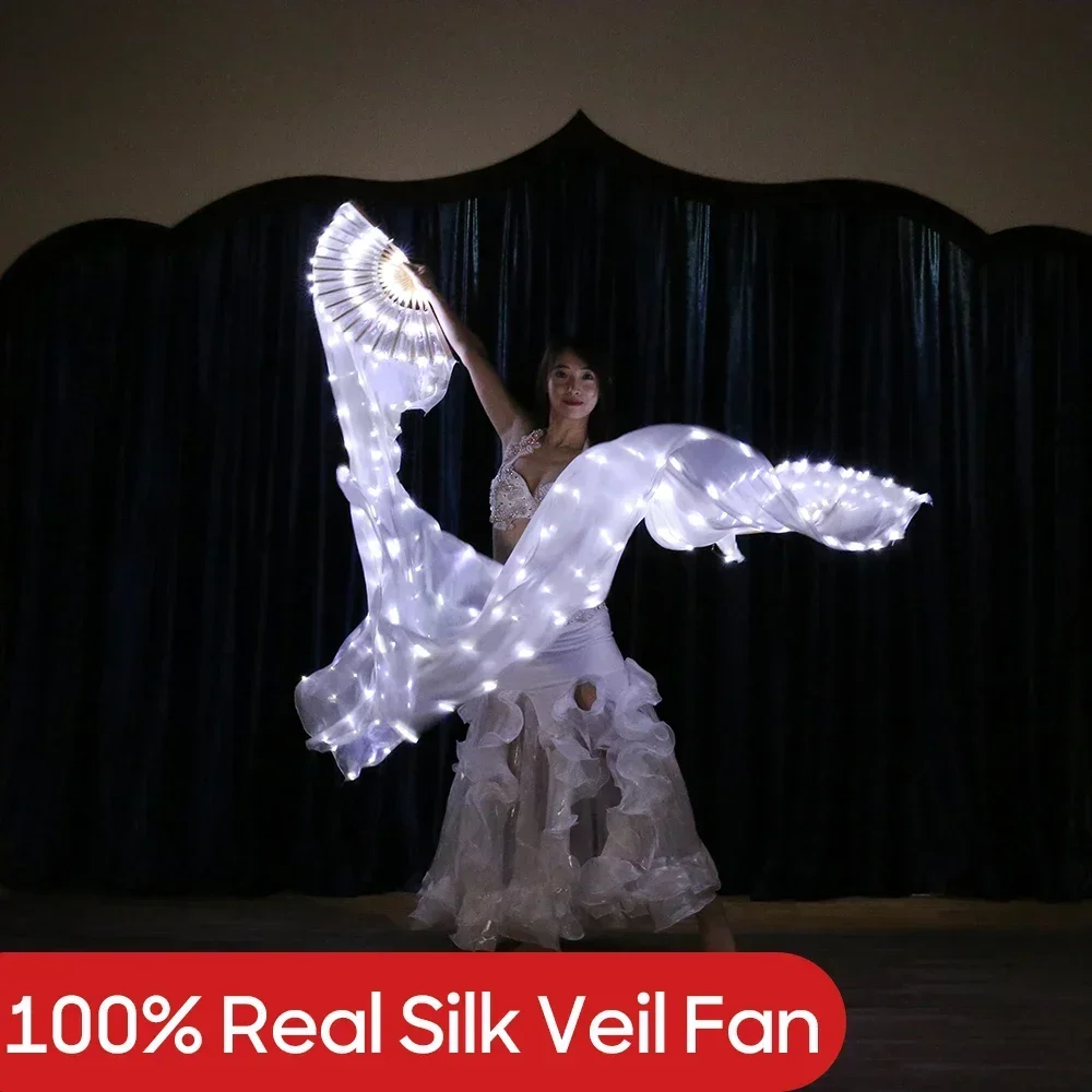 Ventilador de velo de seda para danza del vientre, accesorios de danza del vientre, LED blanco 100, para práctica y actuación en escenario, disfraces de baile