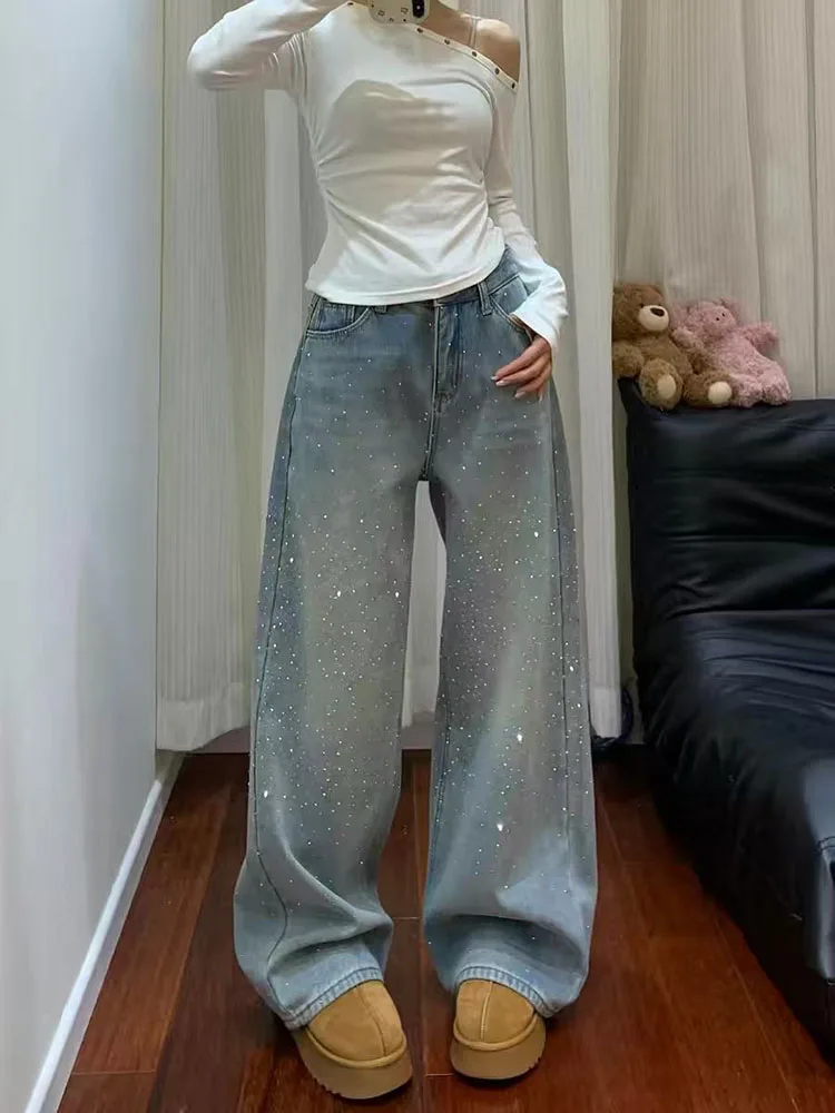 Vintage Diamonds Wide Leg Jeans Women Y2K High Waist Streetwear Casual Denim Pants American Loose All Match Straight Trousers