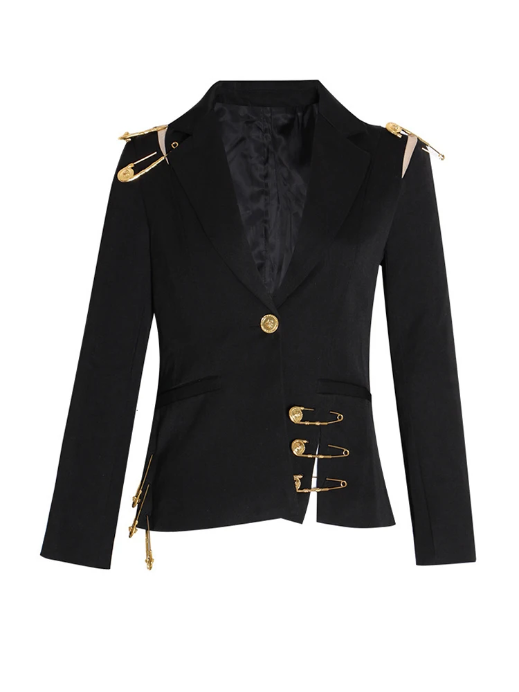 Hollow Out Spliced Metal Buckle Blazers For Women Notched Collar Long Sleeve Patchwork Single Button Blazer Female New