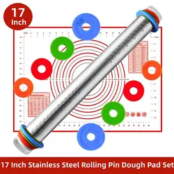 17 Inch Stainless Steel Rolling Pin Kneading Pad Set Adjustable Thickness Rolling Rod With Scale Baking Cake Roller Dough Tools
