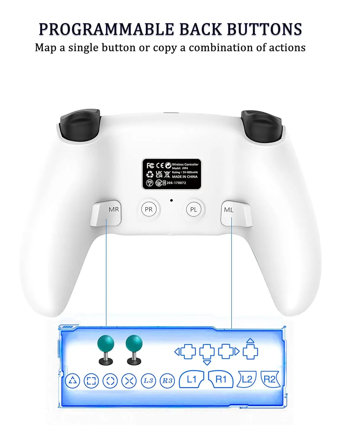 TJPD Wireless Game Controller with 2 Programmable Back Buttons, compatible with PS4/PS3/iOS/PC/Android