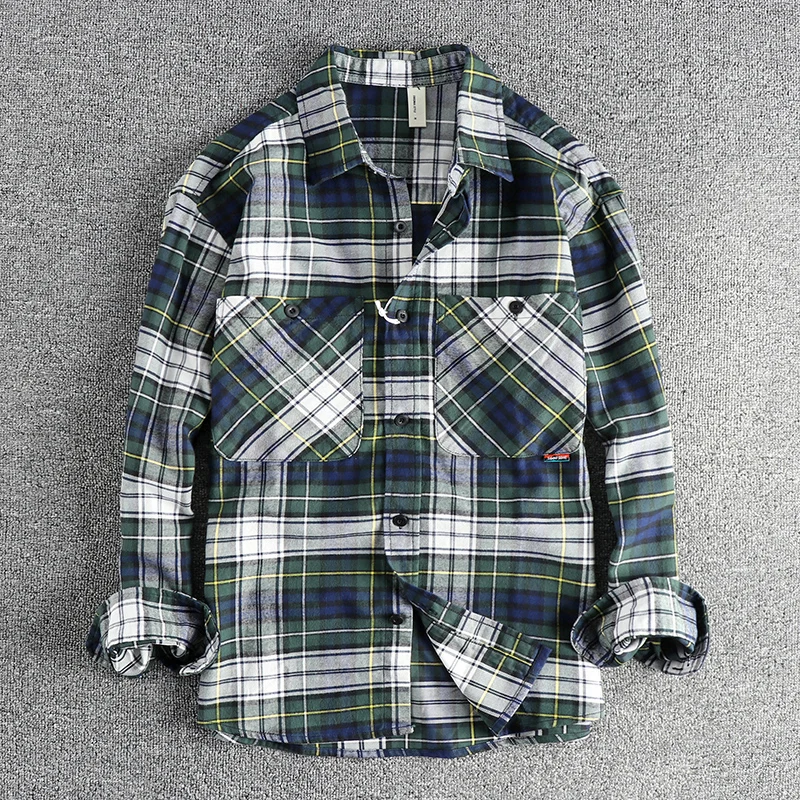 

Autumn New American Retro Long-Sleeve Lapel Plaid Shirt Men's Fashion 100% Cotton Washed Double Pocket Casual Youth Blouses Coat