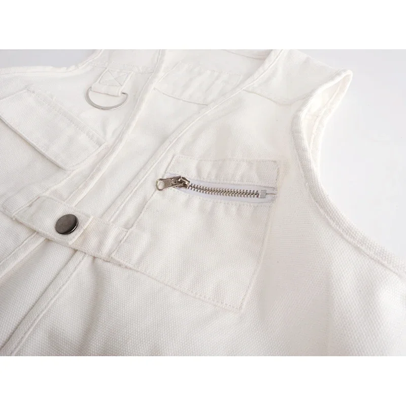 Summer White Denim Vest Women Waistcoat Korean Fashion Loose Big Pocket Sleeveless Jacket Coat V-Neck Short Jeans Vests Female