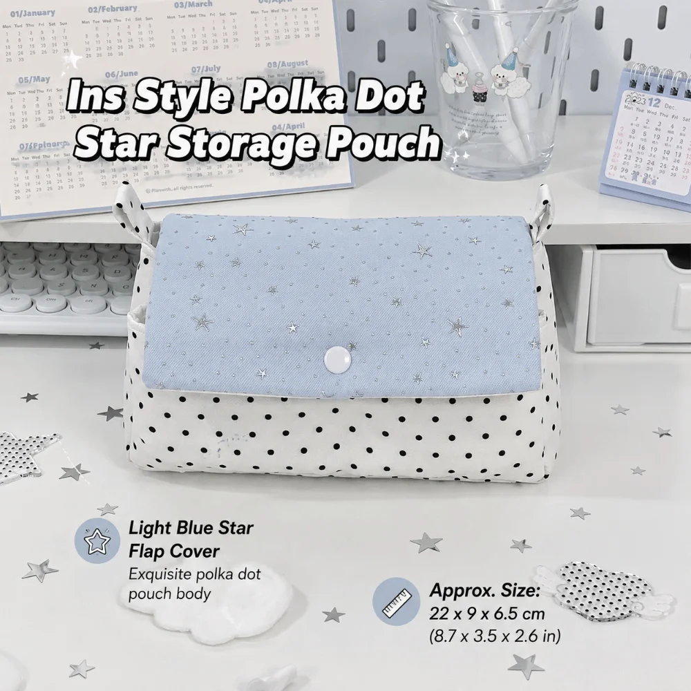 Korean Polka Dot Star Print Cosmetic Bag Large Capacity Multi-Purpose Stationery Pencil Case Portable Makeup Bag