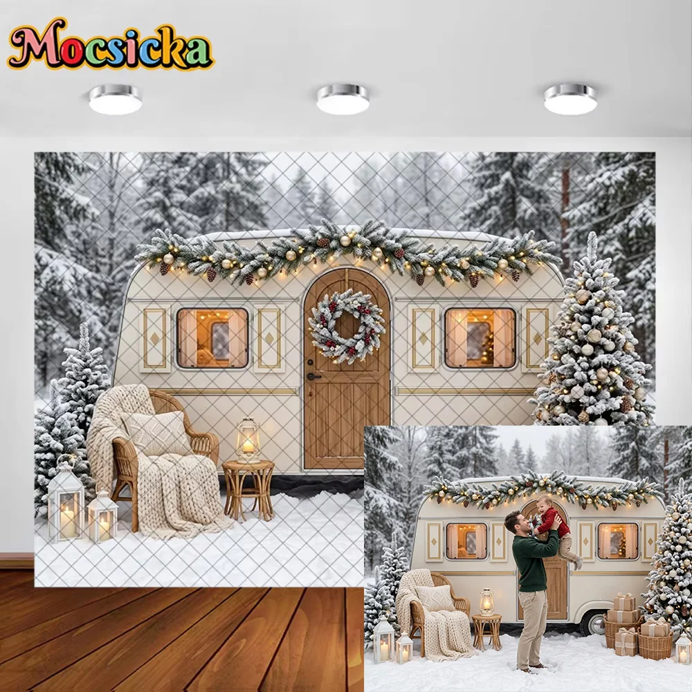 Mocsicka Photography Backdrop Winter Christmas Camper Car Snow Forest Decoration Family Xmas Holiday Party Portrait Studio Props