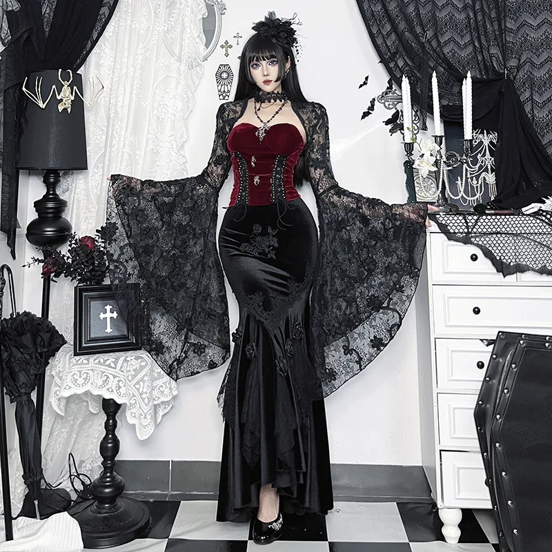 Goth Dark Lace Floral Sheer Crop Shrug Tops für Frauen Elegante Mode Smock Mantel Umhang Flare Sleeve Bluse Shirts Mall Gothic