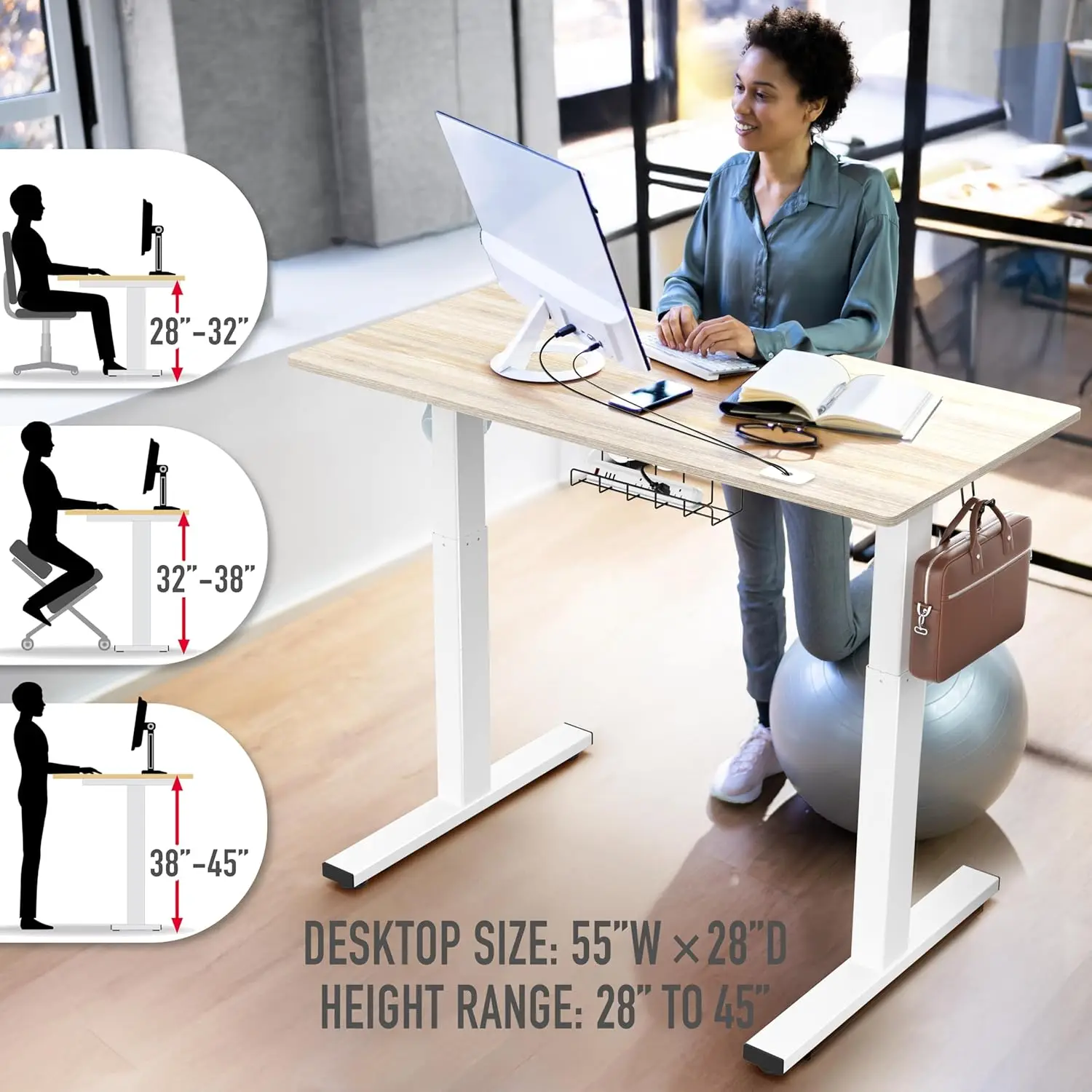 55 x 28 Inches Electric Height Adjustable Standing Desk with Drawer and Memory Preset, Maple