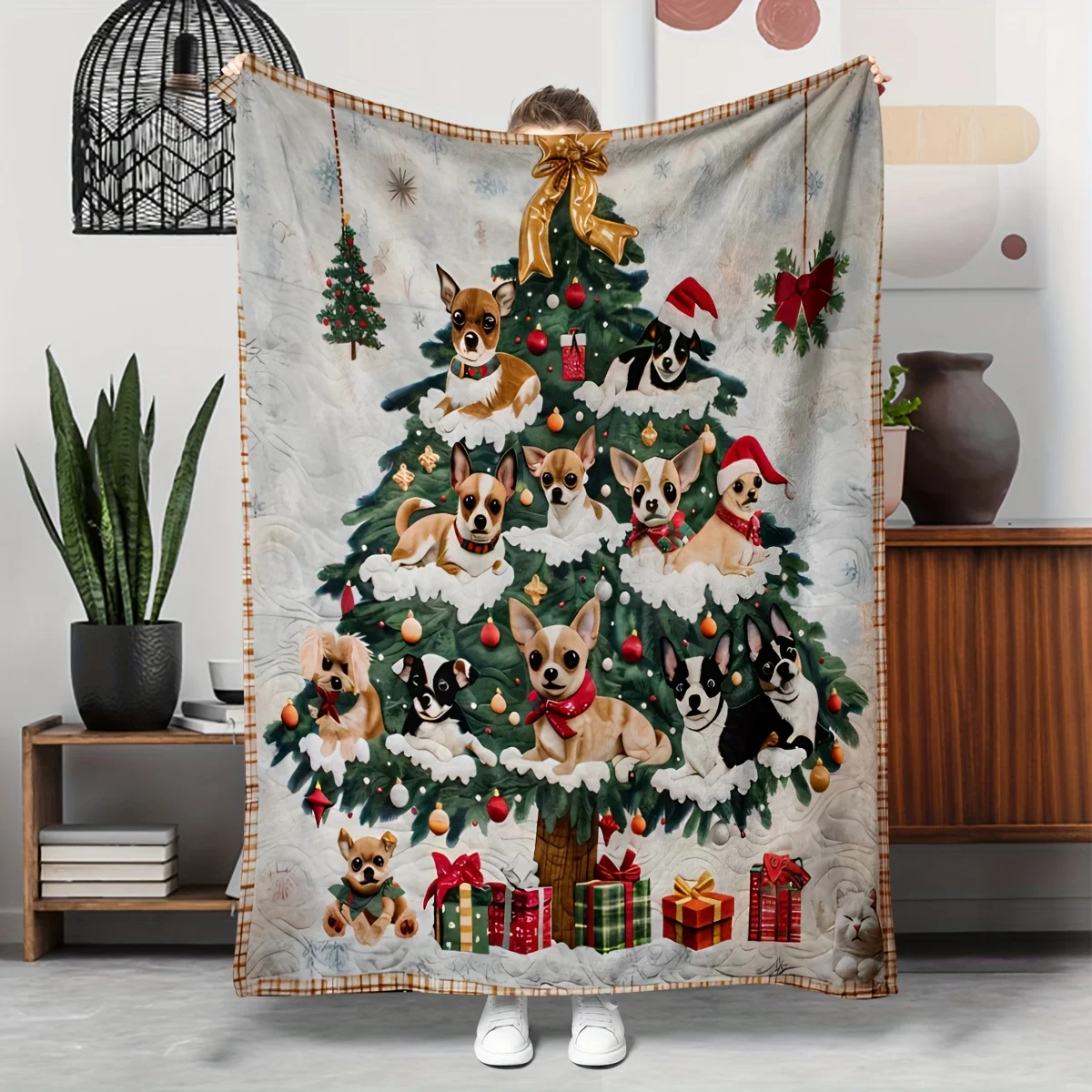 Christmas Tree Chihuahua Dog Gift Ornament Flannel Throw Blanket, Holiday Pet Print Soft Cozy Blanket for Sofa Couch Bed Home