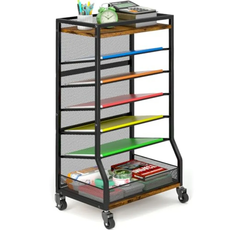 7 Tier Rolling File Cart with Sliding Trays, Wood Metal File Organizer Beside Desk, Free-Standing File Holder, Paper Letter Tra