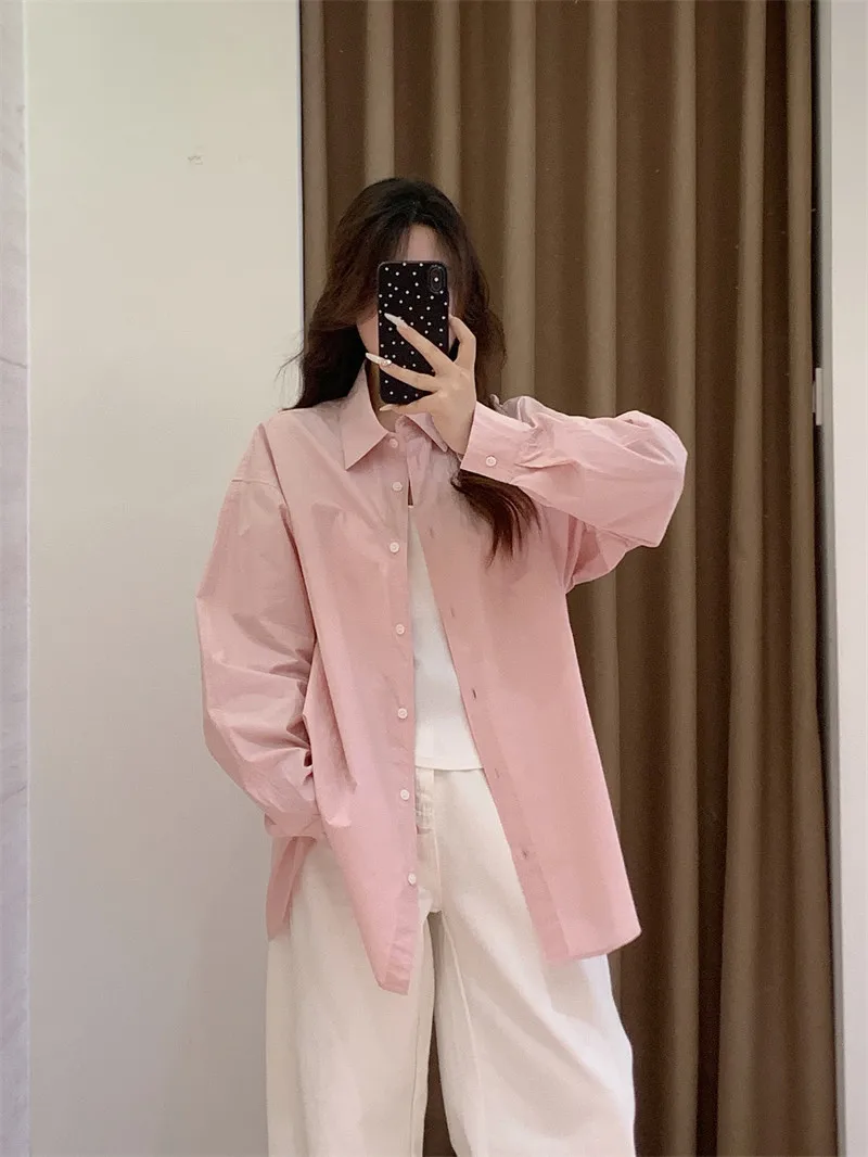 

2026 New Spring Oversized Boyfriend Shirt Women Loose Casual Button Down Blouse Long Sleeve Solid Color Top 5 Colors Available