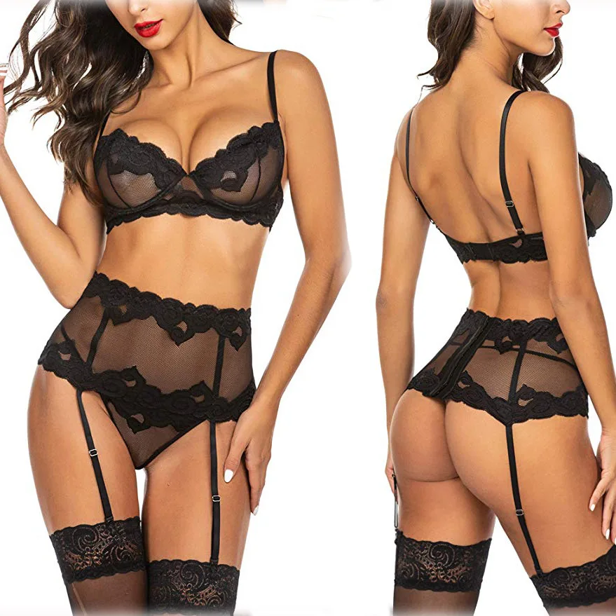 Sexy Mesh Lace Underwear Three-piece Set V-neck Sleeveless Women's Lingerie Comfortable Breathable Home Clothes Nightgown