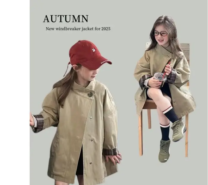 Girls' Spring and Autumn New Korean Style Mid-Length High-Quality High-Density Combed Bamboo Twill Cotton Trench Coat2Years