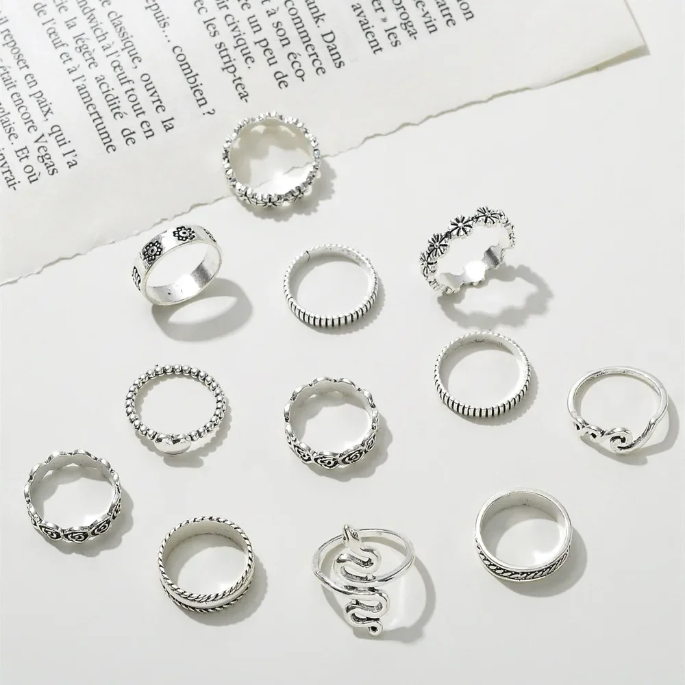 Fashion Silver-plate Snake Flower Heart Shape Geometry Set Ring For Women Boho Vintage Trendy Personality Rings Jewelry Gift image 3