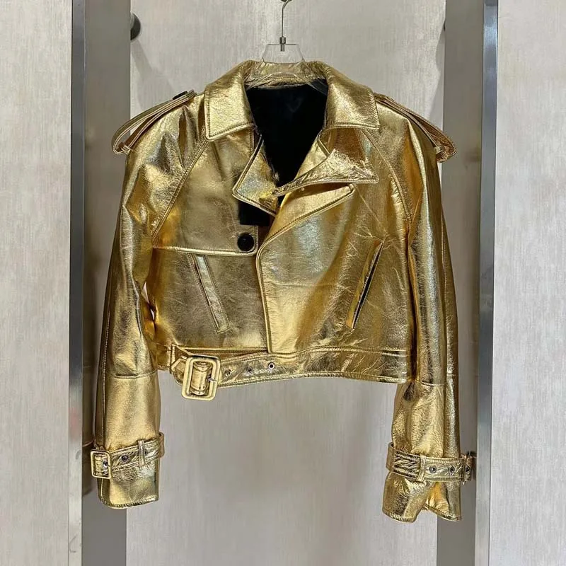 Echte Lederjacke goldene Farbe Damenmantel Frühling und Herbst Umlegekragen Kleidung kurze Länge Drop-Shoulder-Ärmel