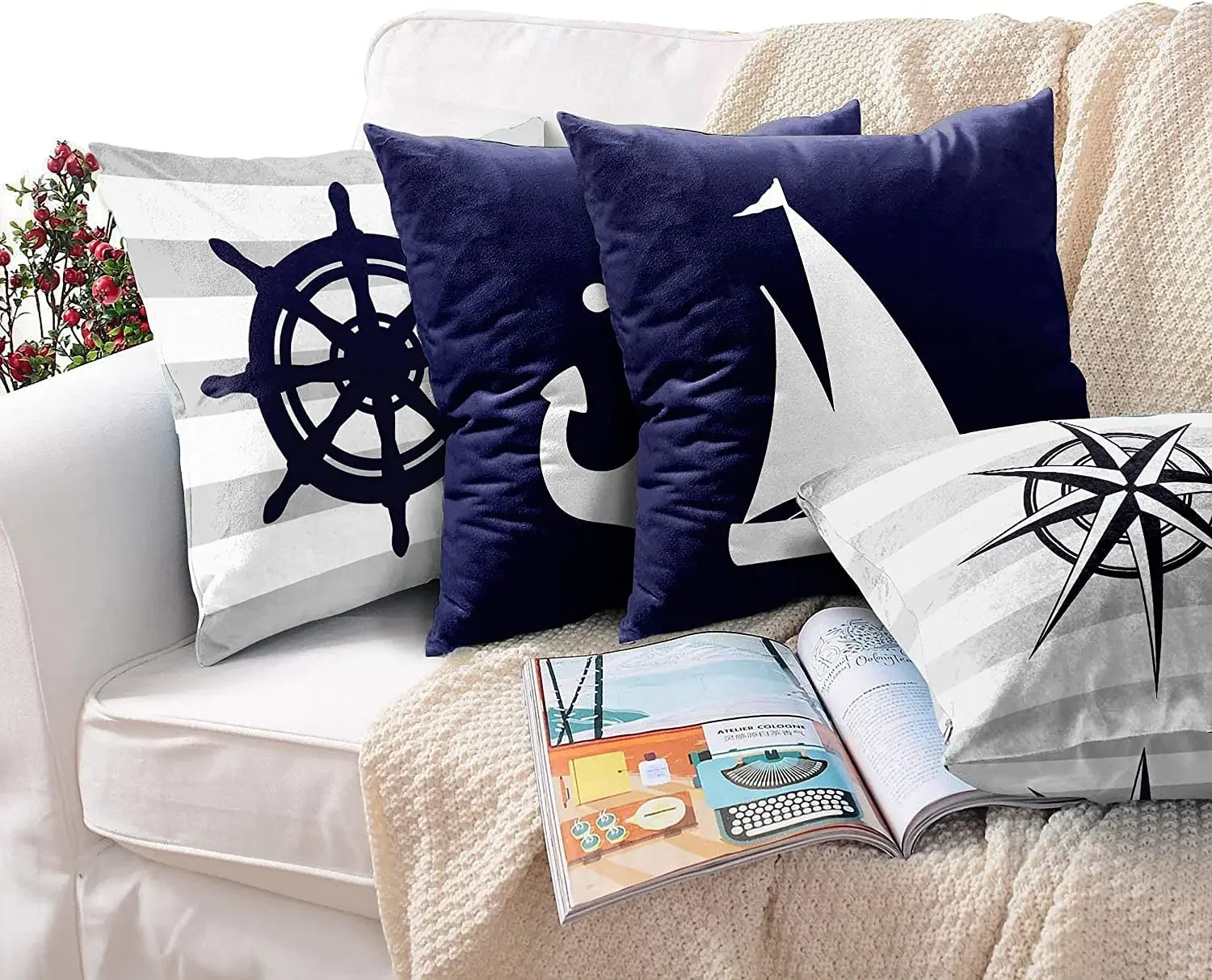 Sailboat anchor nautical square rudder blue pillow cover sofa cushion cover home decoration can be customized for you 40x40