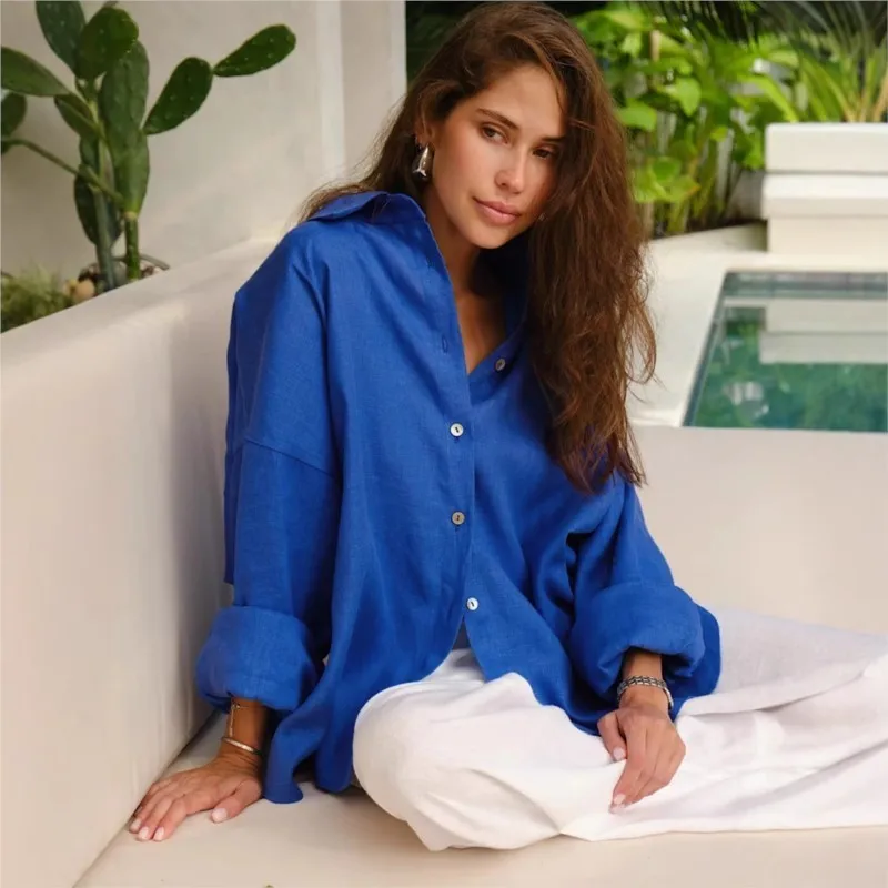 여성 린넨 화이트 셔츠 긴팔 우아한 핑크 루즈핏 패션 블라우스 여름 빈티지 베이직 탑 라펠 셔츠 여성용 2025 가을