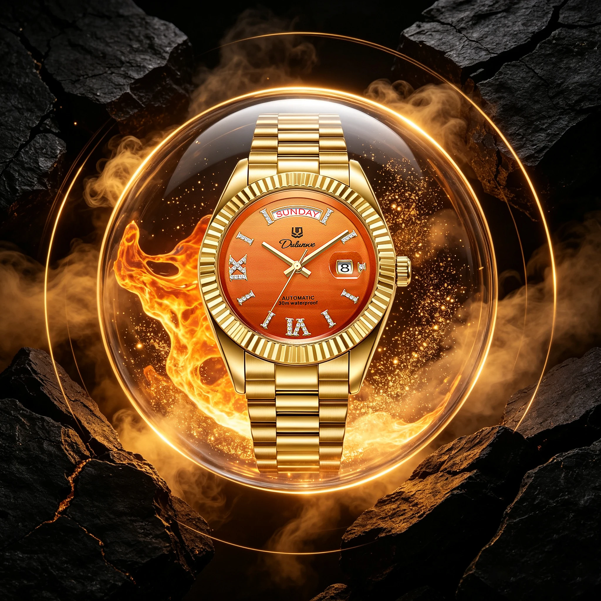 Dulunwe Men's Self-winding Mechanical Watch Golden Case Orange Gradient Dial Diamond Inlay Roman Number Waterproof Wrist Watch