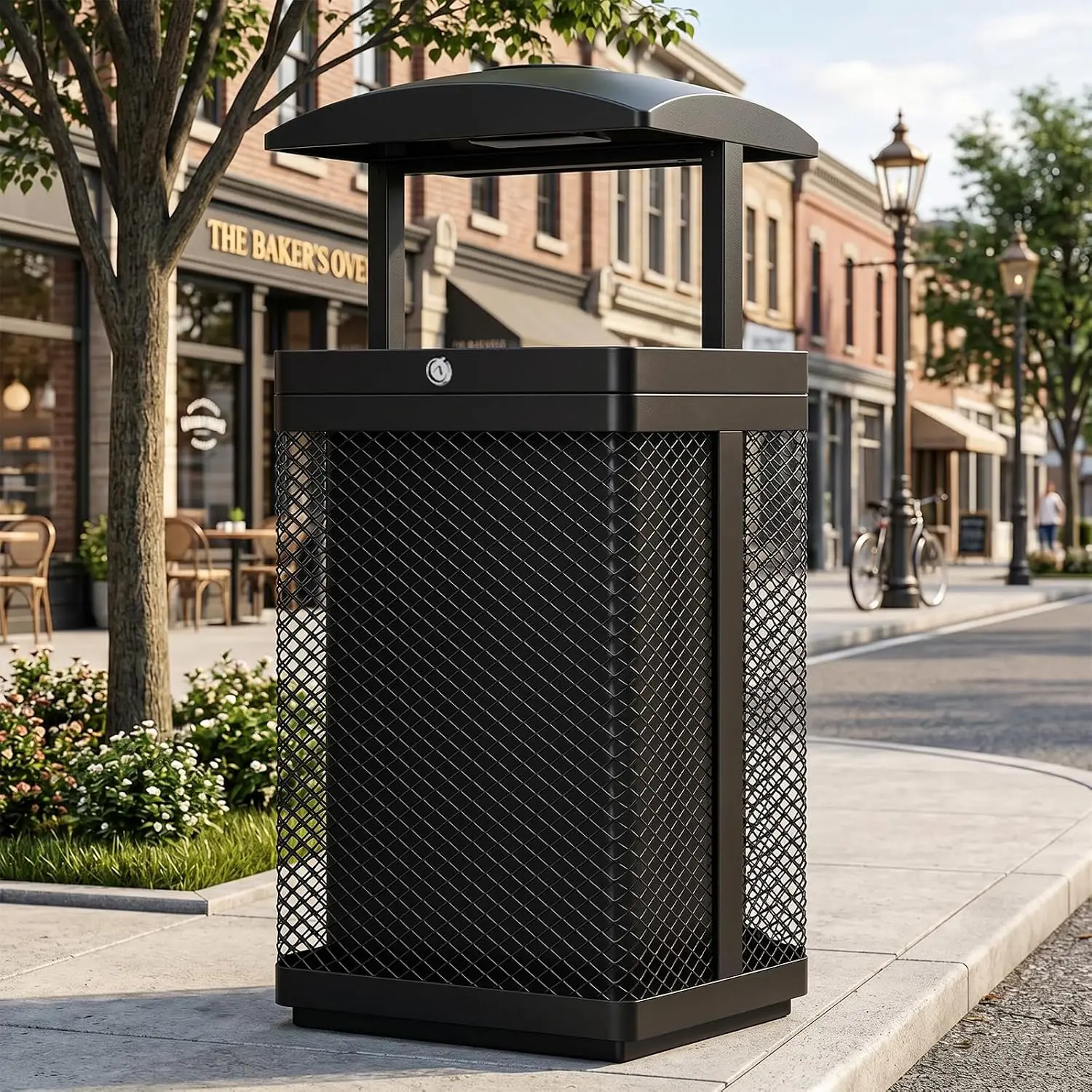 Commercial Outdoor Trash Can with Lid, 20 Gallon Large Capacity Heavy Duty Barrel with Triangle Lock & Tethered, Customized