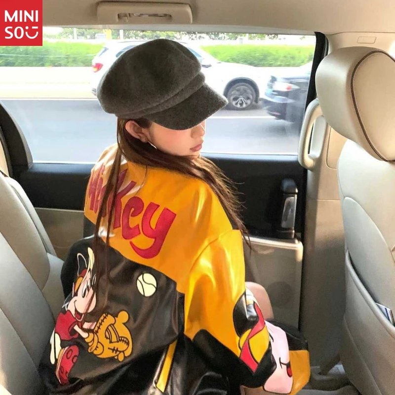 

Disney Mickey Leather Jacket, Colorblock Notch Collar Coat, Unisex Vintage Outerwear