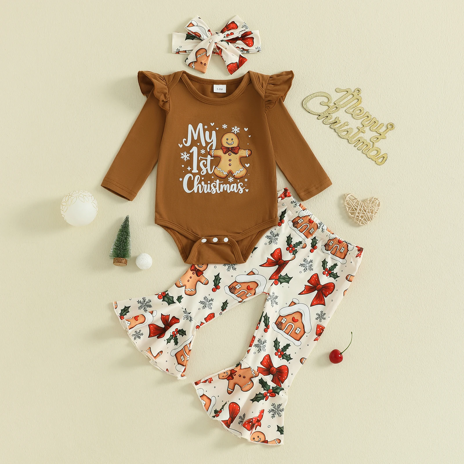 

0-18 Months Baby Girls Christmas Pants Sets Long Sleeve O Neck Letter Print Romper Gingerbread Print Pants Headband Sets