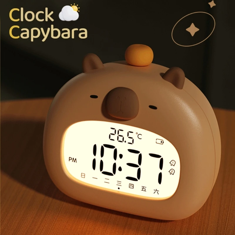 Capybaras Desk Alarm Clock with Soft Glowing LED Nightlight and USB Rechargeable Timers Desktop Decoration