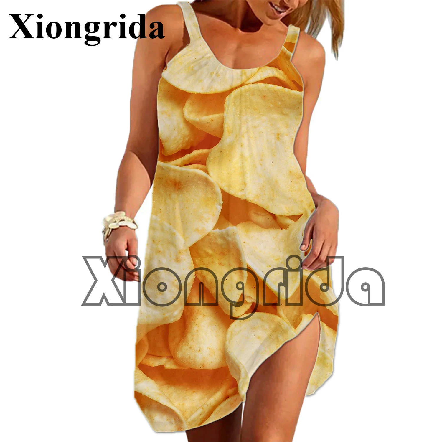 Novità patatine fritte stampate Slip Dress abiti Casual senza maniche moda 3D Snack stampato allentato Camis Dress vestiti femminili