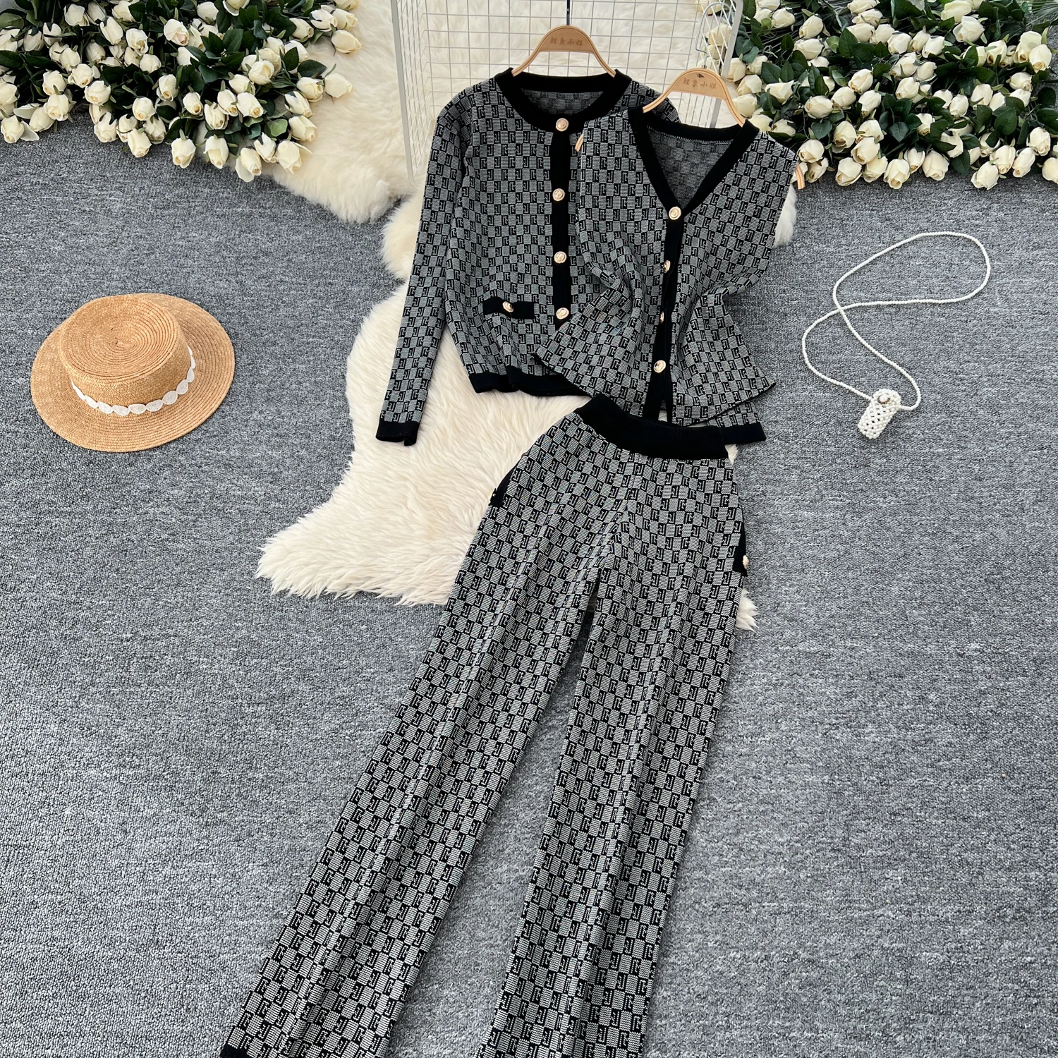 2024 Autumn Elegant Slim Three Pieces Sets Women Cardigan Jacket V-Neck Sweater High Waist Wide Leg Pants Knitted Sets J519