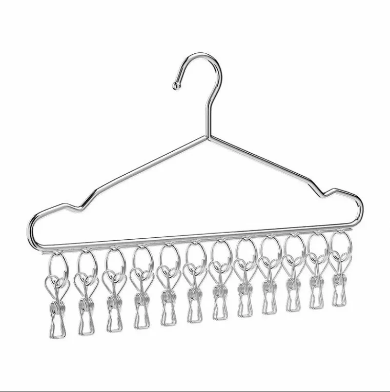 1pc 12Clips Stainless Steel Clothes Drying Hanger Windproof Clothing Rack Clips Sock Laundry Airer Hanger Underwear Socks Holder