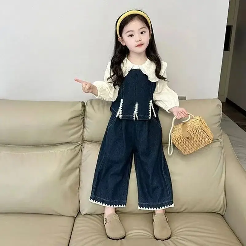 

Spring New Girls' fashionable outfit, children's stylish collared shirt+Denim vest, long pants, three-piece set, others