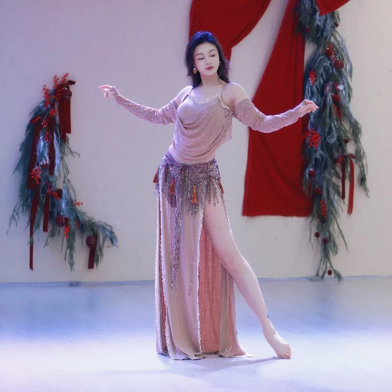 Customized Belly Dance Robe Explosion Flash Split Performance Dress Belly Dancing Costumes Dancewear