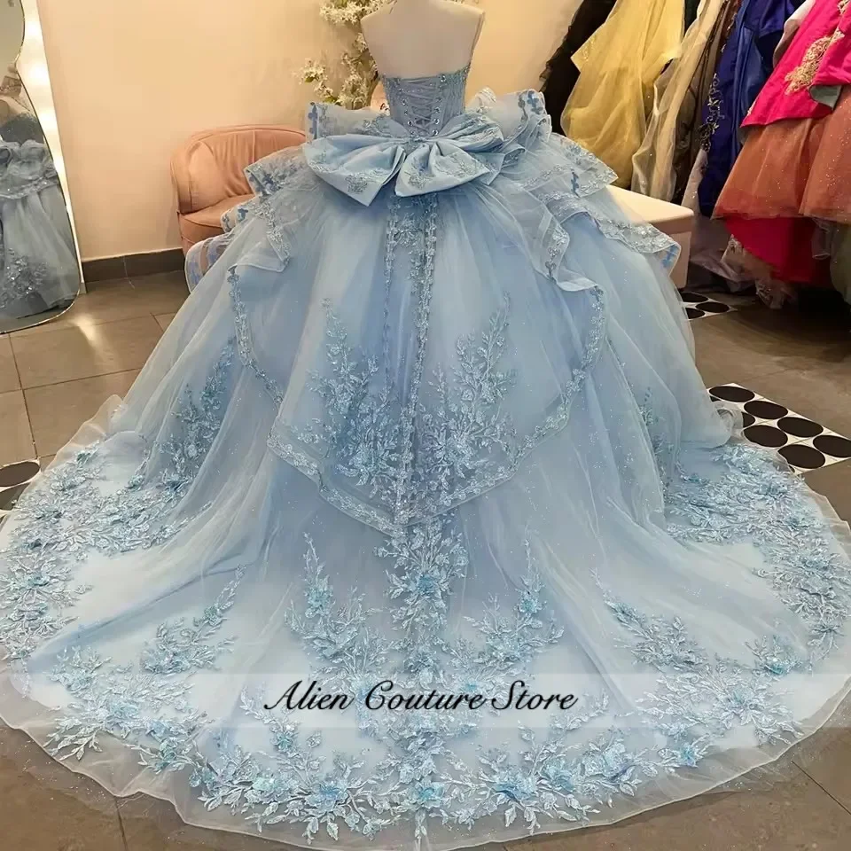 Glitter Sky Blue Sweetheart Quinceanera Dresses for 15 Lace up Tulle Appliques Beading vestidos de 15 Quinceañera 2026 Customize