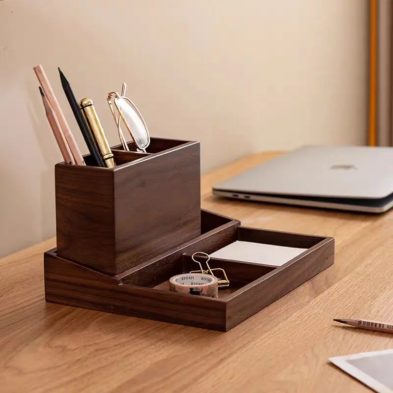 

✨ Wooden Desk Organizer with Drawer, Divided Pen Holder Tray for Office, Storage Box for Pens, Remote, Aesthetic Desktop Tidy